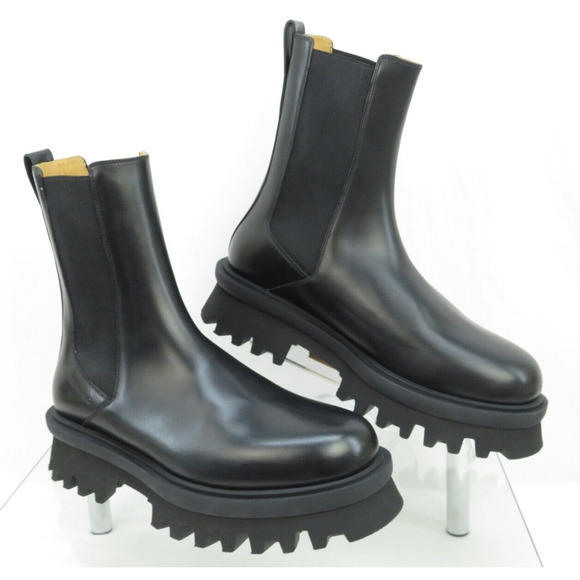 NIB FERRAGAMO FLASH BLACK LEATHER LOGO PLATFORM PULL CHELSEA ANKLE BOOTS 13 M - Picture 6 of 14